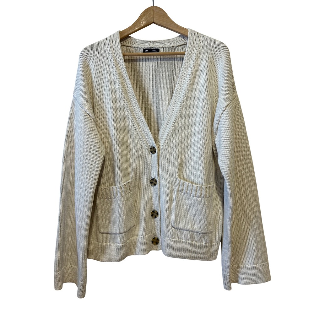 Gap Oversized Cardigan Size L Cream Cotton Shaker Knit Minimalist Preppy Granola